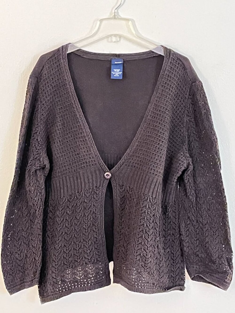 Basic Editions Womens Brown Crochet One-Button Cardigan Size XXL Earthy Layering